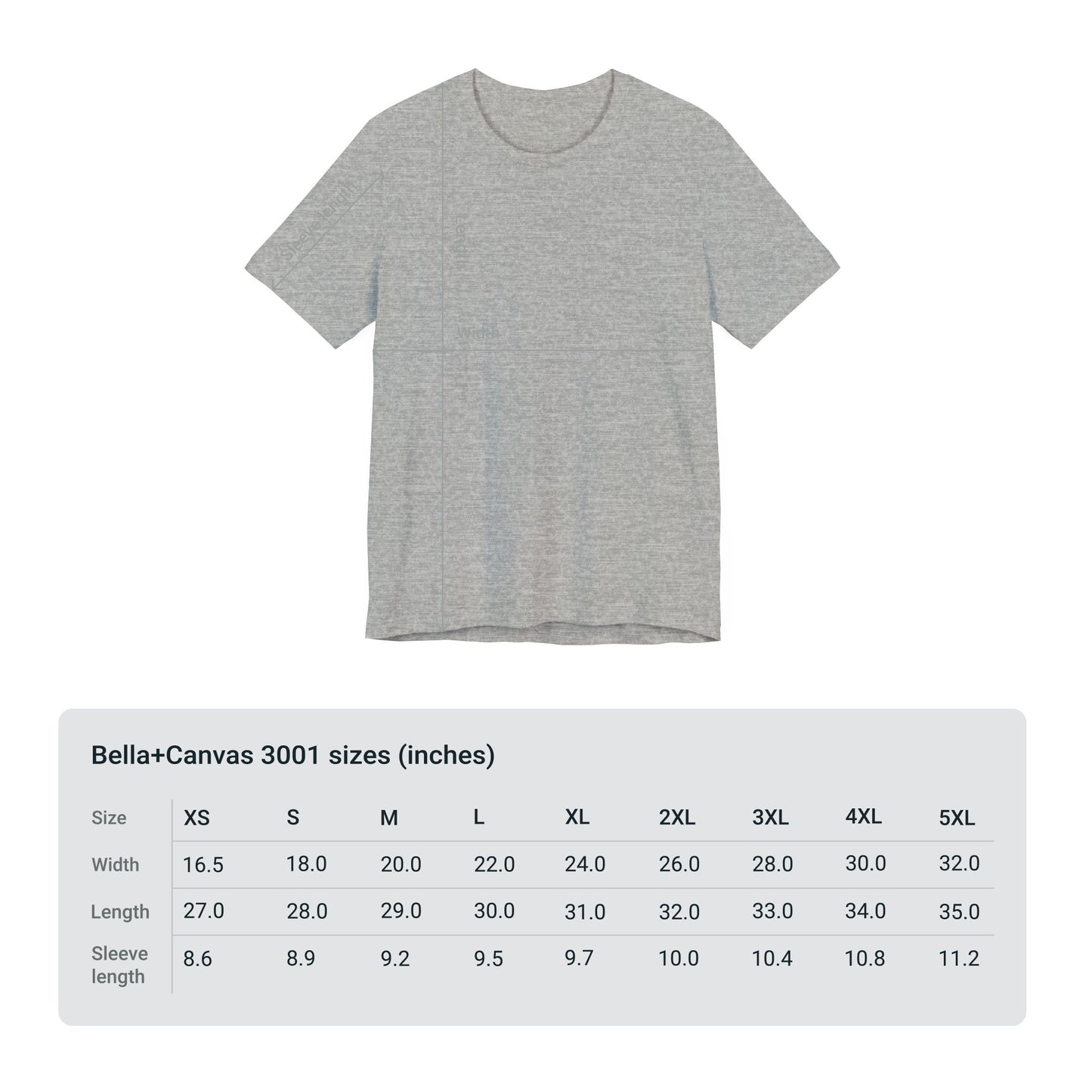 Bella+Canvas 3001 unisex tee size chart showing chest width, length, and sleeve length in inches XS–5XL
