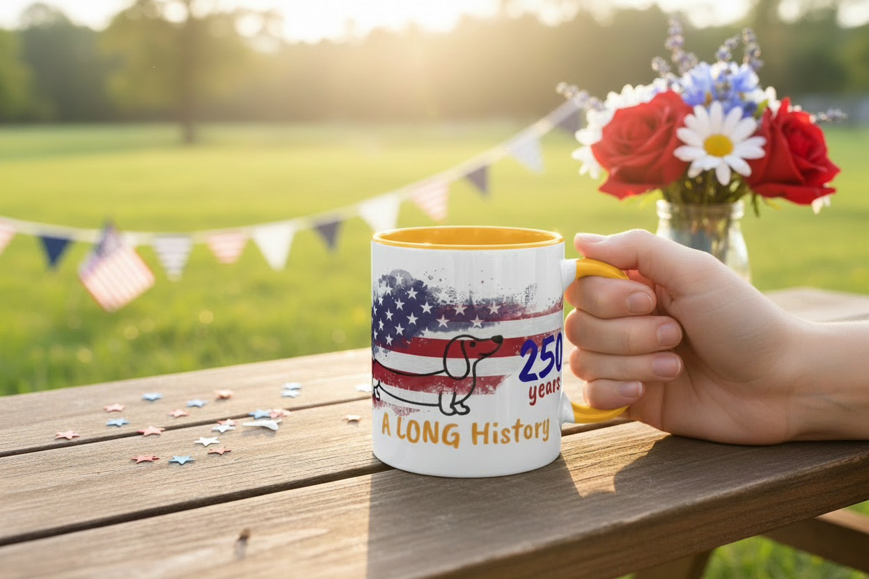 Yellow inside and handle patriotic dachshund mug at an outdoor patriotic picnic
