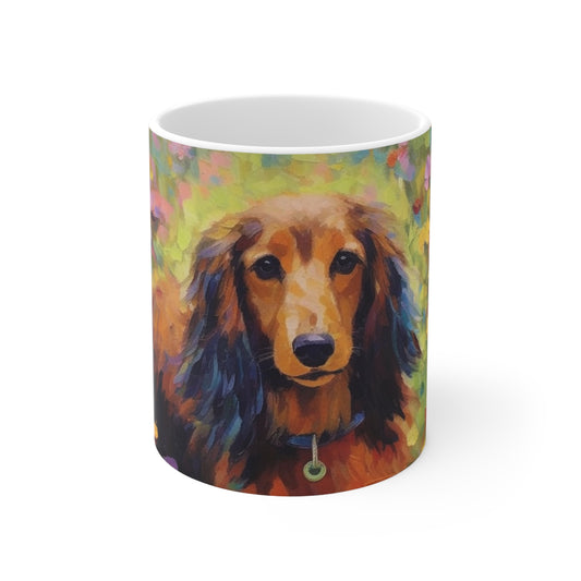 Brown Long-Haired Dachshund in a Field of Flowers