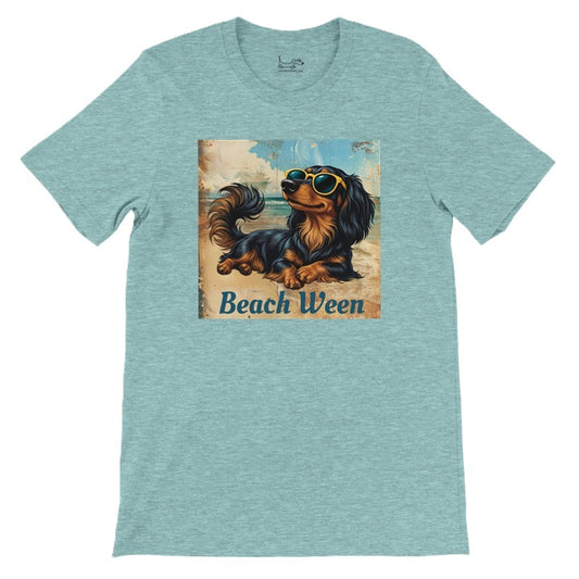 Beach Ween black and tan longhair dachshund graphic tee in Heather Ice Blue, front lay