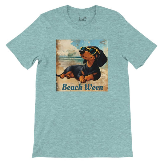 Beach Ween black and tan smooth dachshund graphic tee in Heather Ice Blue, front lay