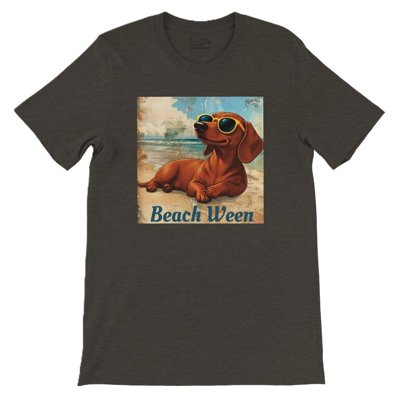 Beach Ween brown smooth dachshund tee in Black Heather, front lay
