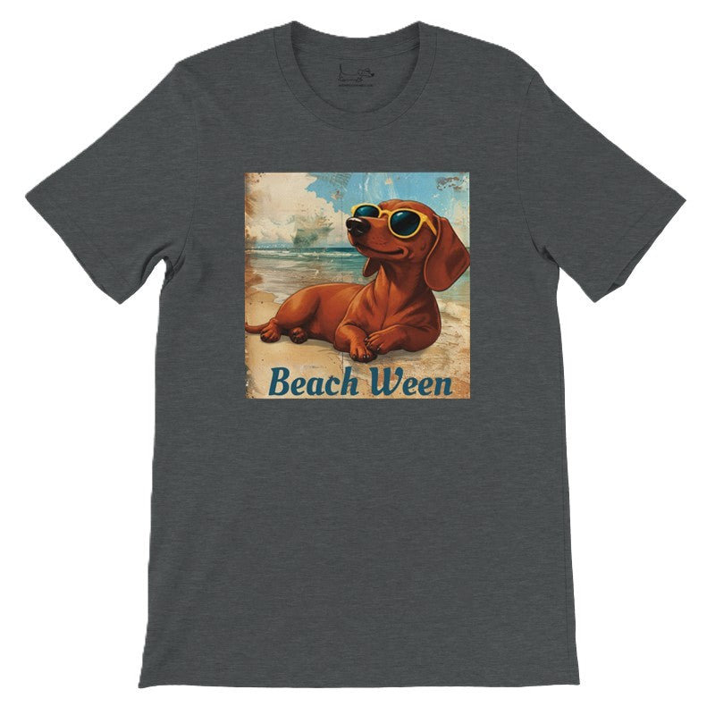 Beach Ween Brown Smooth dachshund tee in Dark Gray Heather, front lay