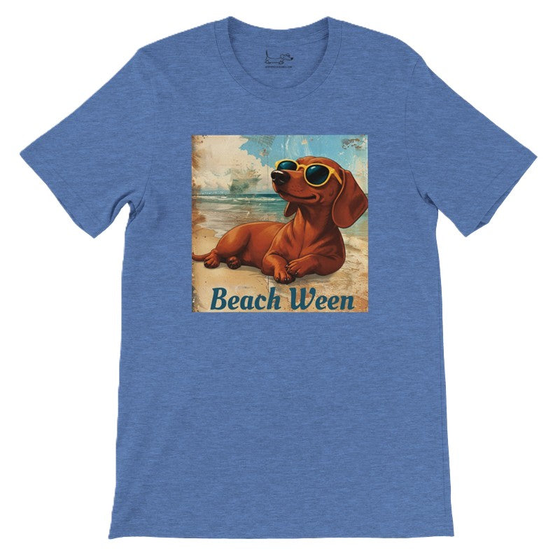 Beach Ween brown smooth dachshund tee in Heather Columbia Blue, front lay