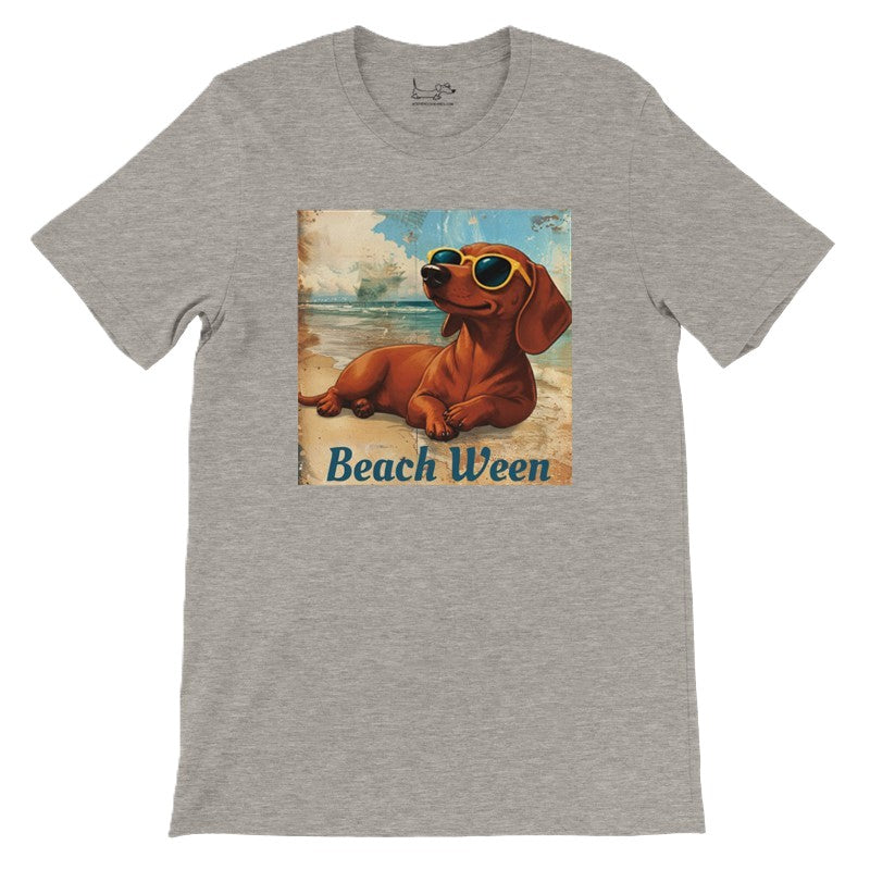 Beach Ween brown smooth dachshund tee in Heather Dust, front lay