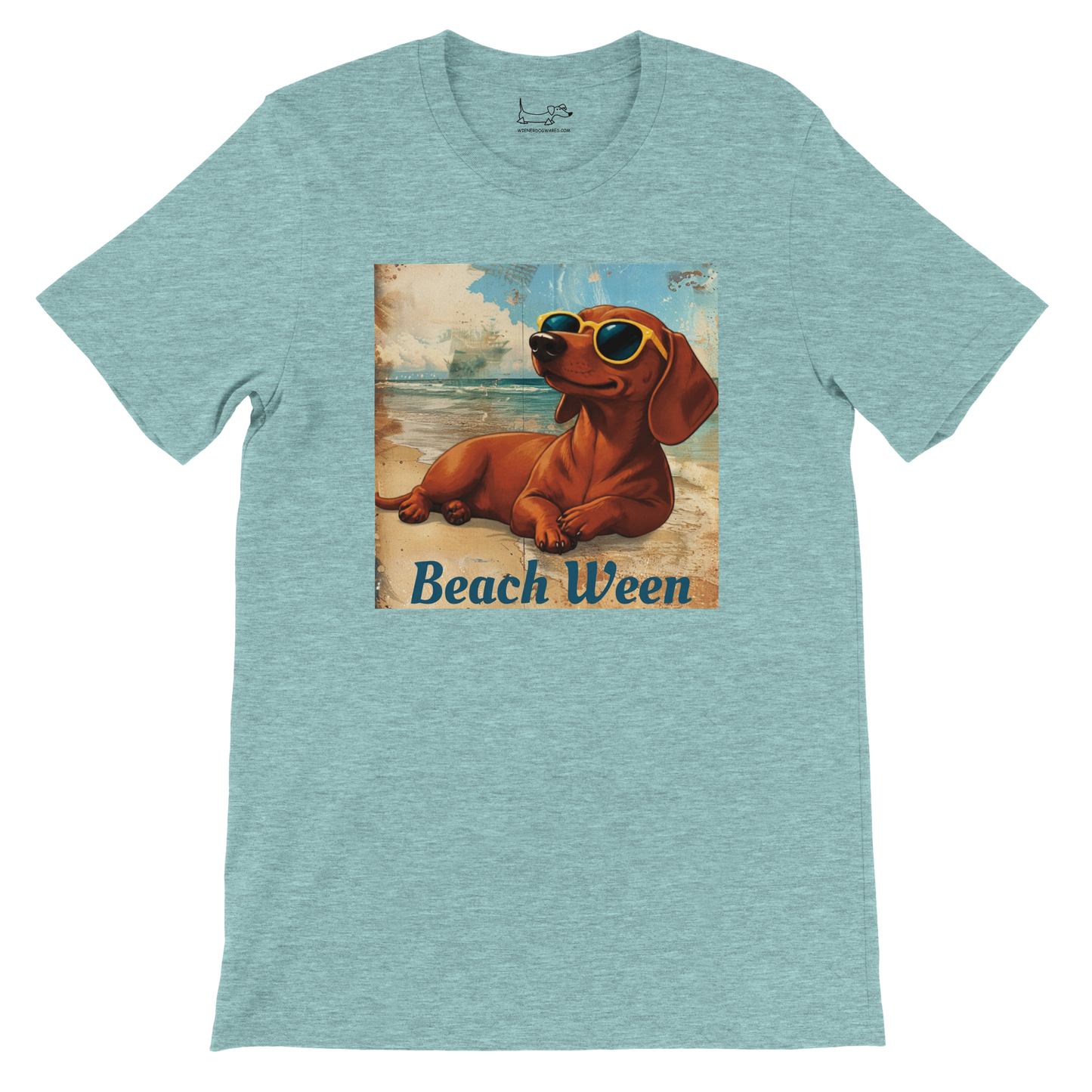Beach Ween brown and tan smooth dachshund graphic tee in Heather Ice Blue, front lay