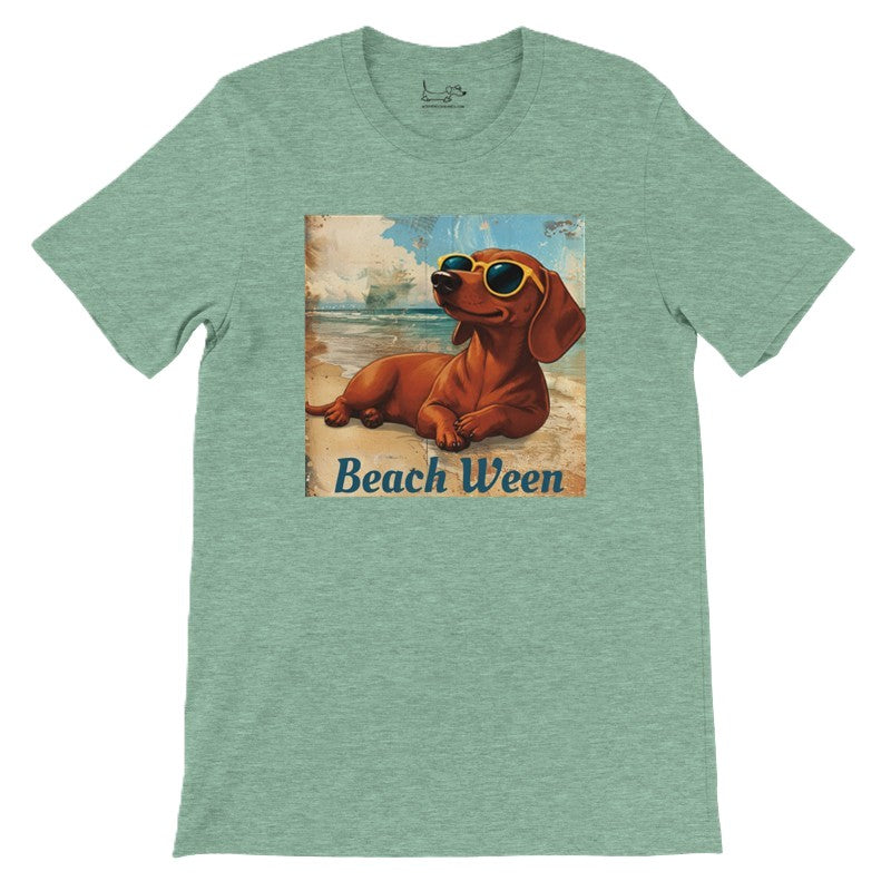 Beach Ween brown smooth dachshund tee in Heather Mint, front lay