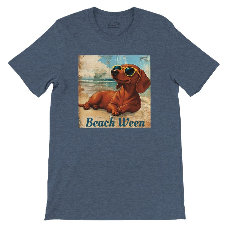 Beach Ween brown smooth dachshund tee in Heather Navy, front lay