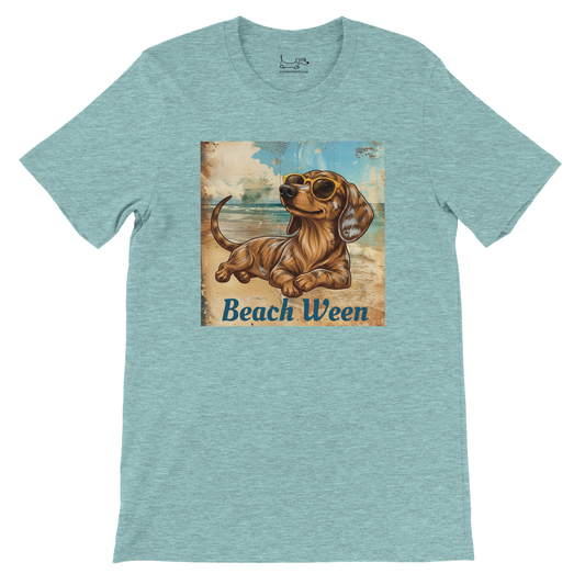 Beach Ween brown and tan dapple dachshund graphic tee in Heather Ice Blue, front lay