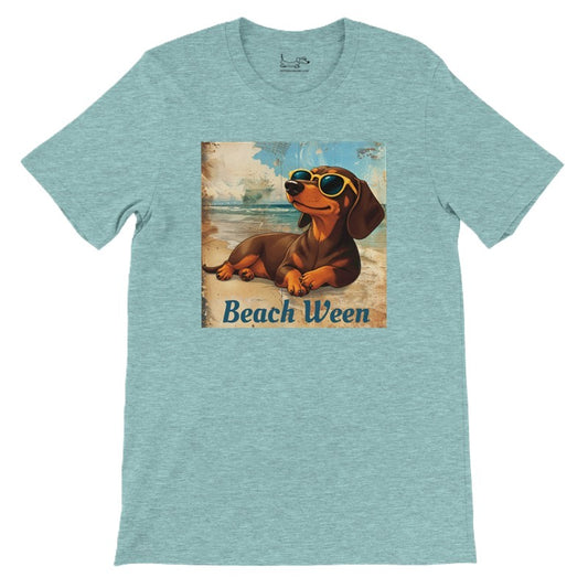Beach Ween brown and tan smooth dachshund graphic tee in Heather Ice Blue, front lay