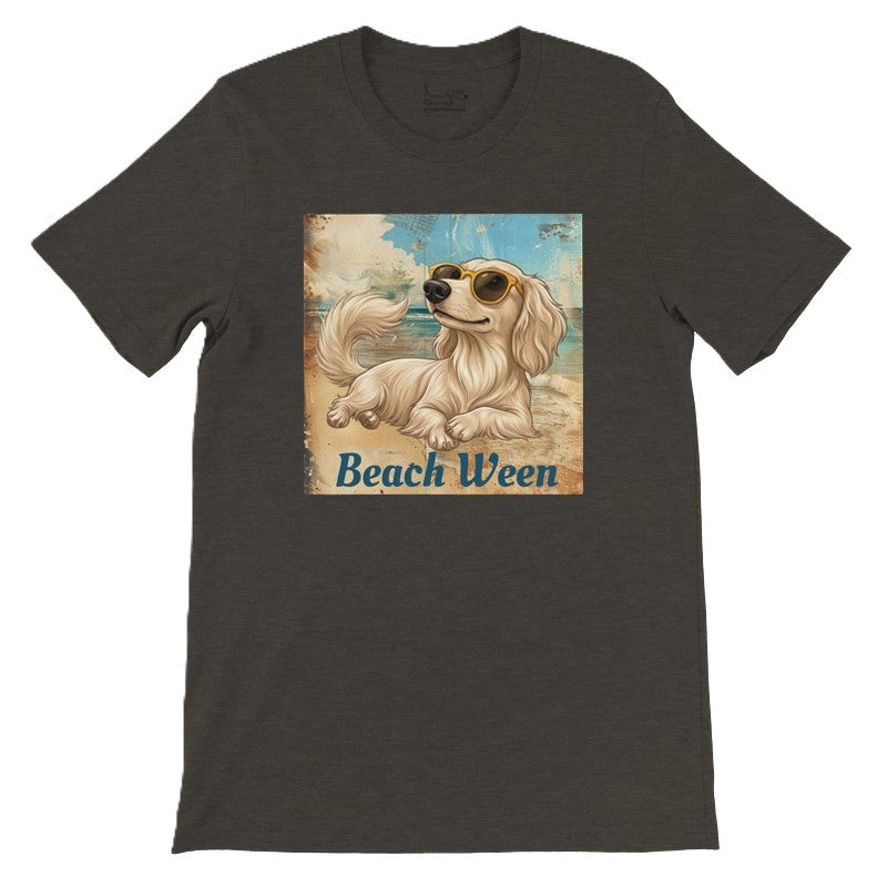 Beach Ween cream longhair dachshund tee in Black Heather, front lay