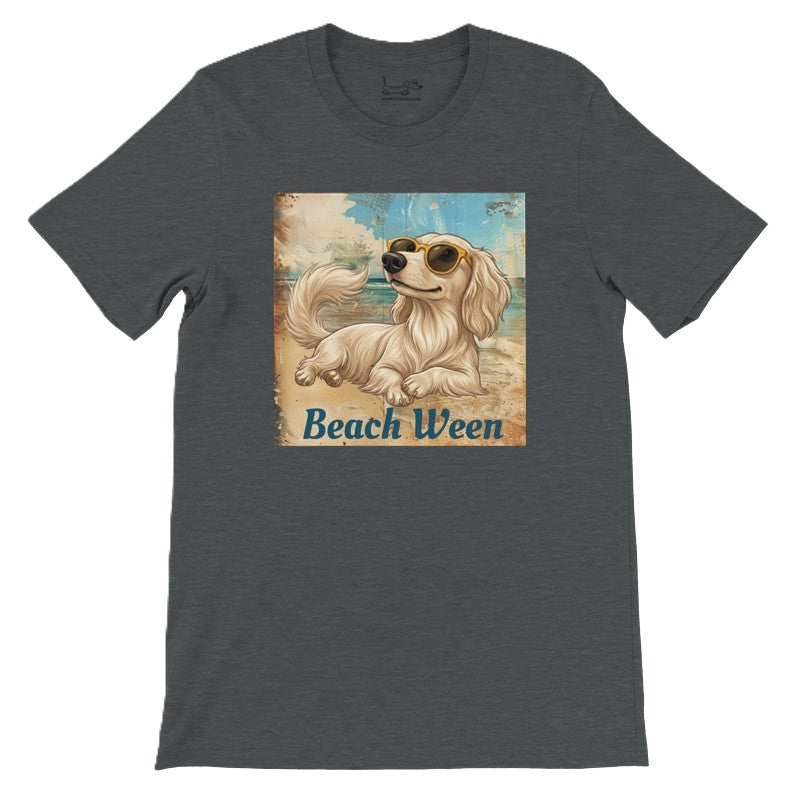 Beach Ween cream longhair dachshund tee in Dark Gray Heather, front lay