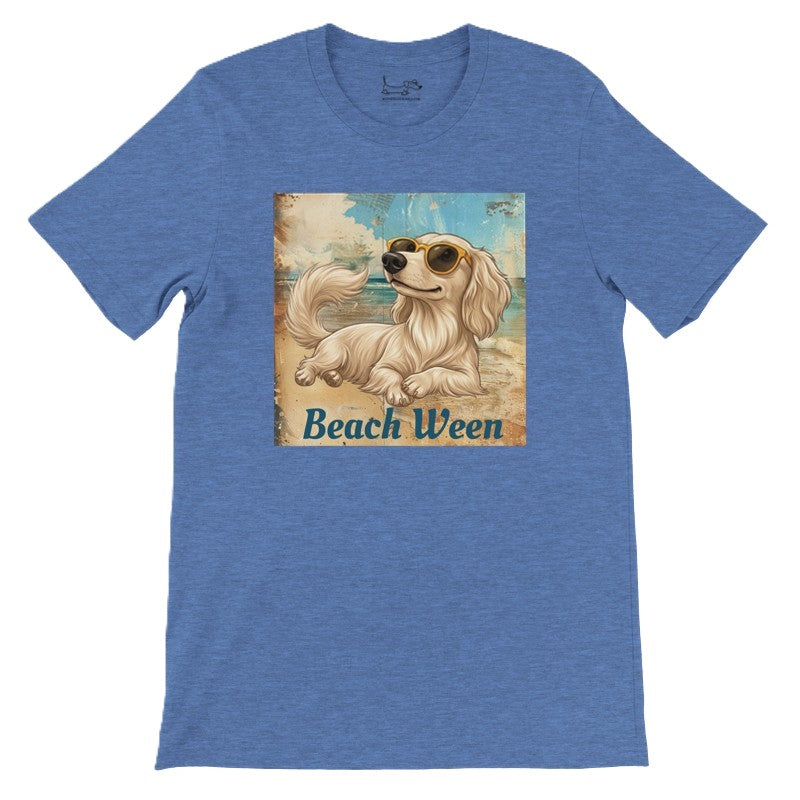 Beach Ween cream longhair dachshund tee in Heather Columbia Blue, front lay