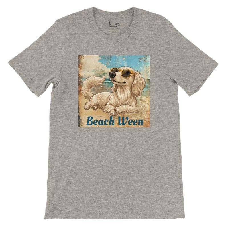 Beach Ween cream longhair dachshund tee in Heather Dust, front lay