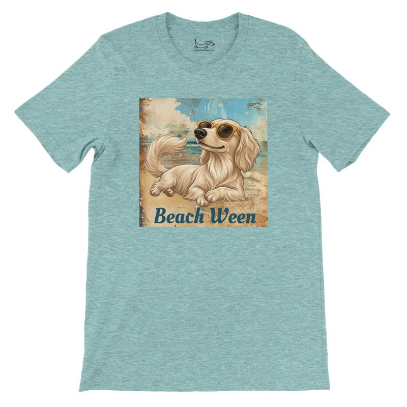 Beach Ween cream longhair dachshund graphic tee in Heather Ice Blue, front lay