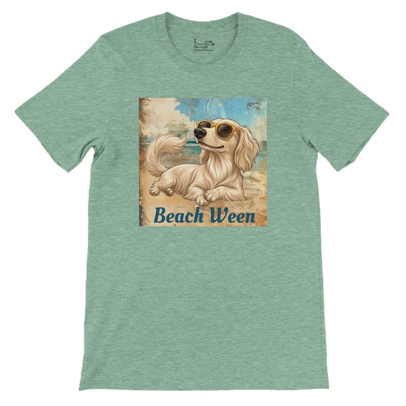 Beach Ween cream longhair dachshund tee in Heather Mint, front lay