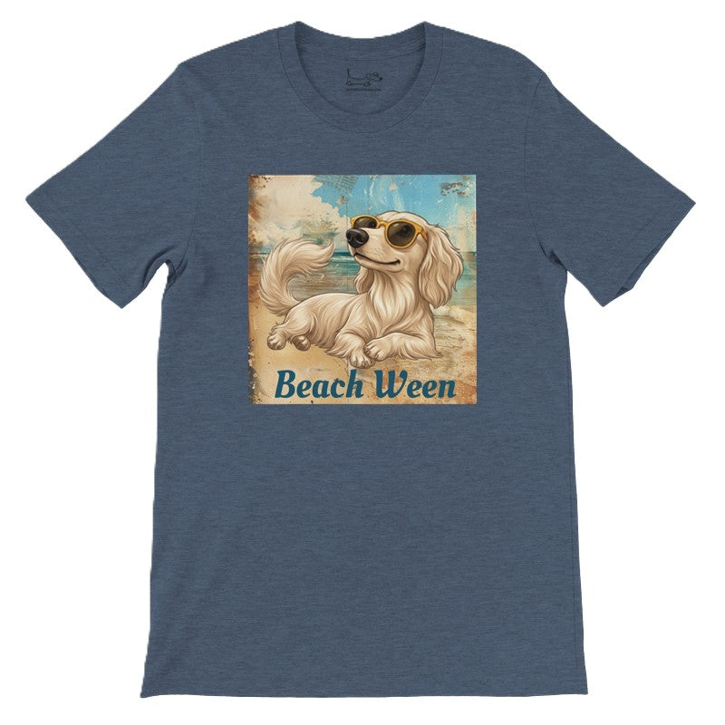Beach Ween cream longhair dachshund tee in Heather Navy, front lay