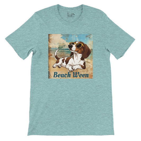 Beach Ween piebald dachshund graphic tee in Heather Ice Blue, front lay