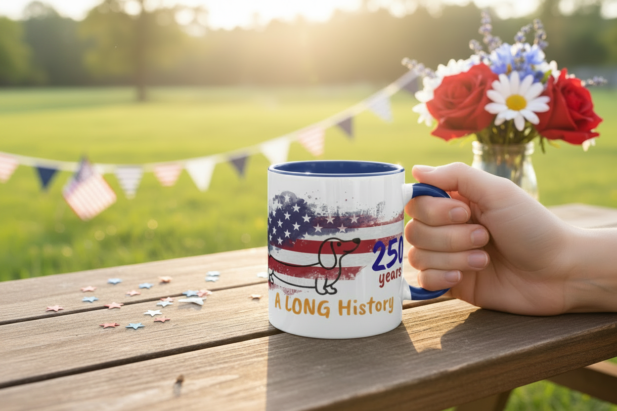 Blue inside and handle patriotic dachshund mug at an outdoor patriotic picnic